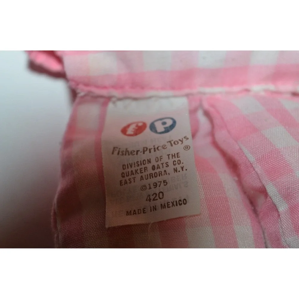 Vtg Fisher Price 1975 Lolly Rattle Doll Pink Checkered Gingham 12